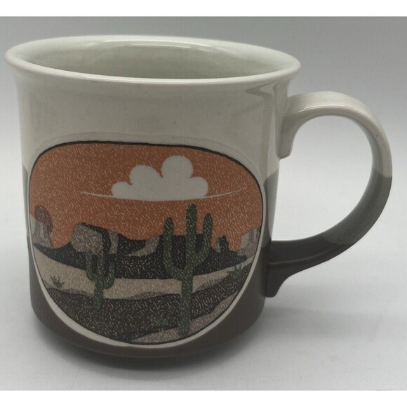 Vtg Otagiri Desert Scene Coffee Mug Brown Grey White Sunset Cactus Desert Scene - Picture 1 of 7